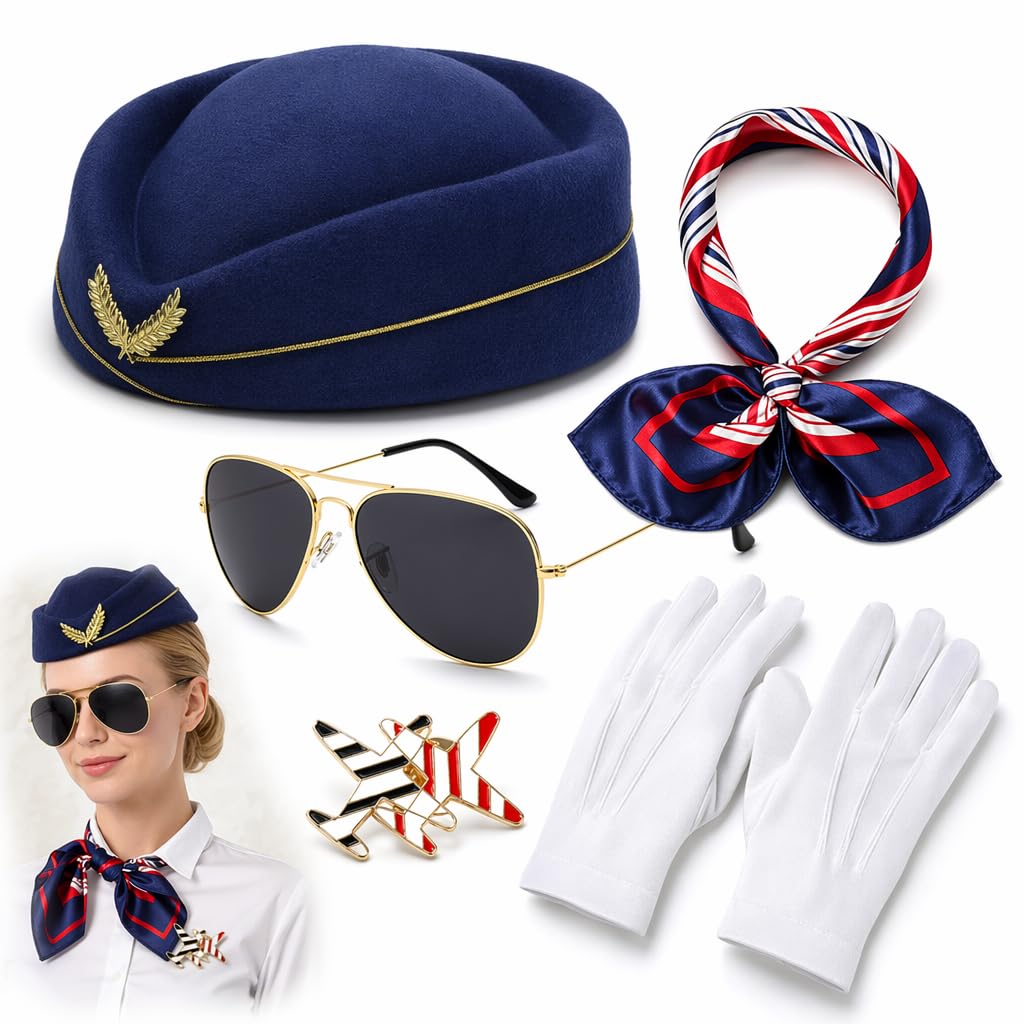Kuwuarg Flight Attendant Costume 5-Piece Accessories Set, Air Hostess Costume Women Dress-Up Kit with Pilot Hat Scarf Brooch Gloves for Adult Cosplay & Themed Parties