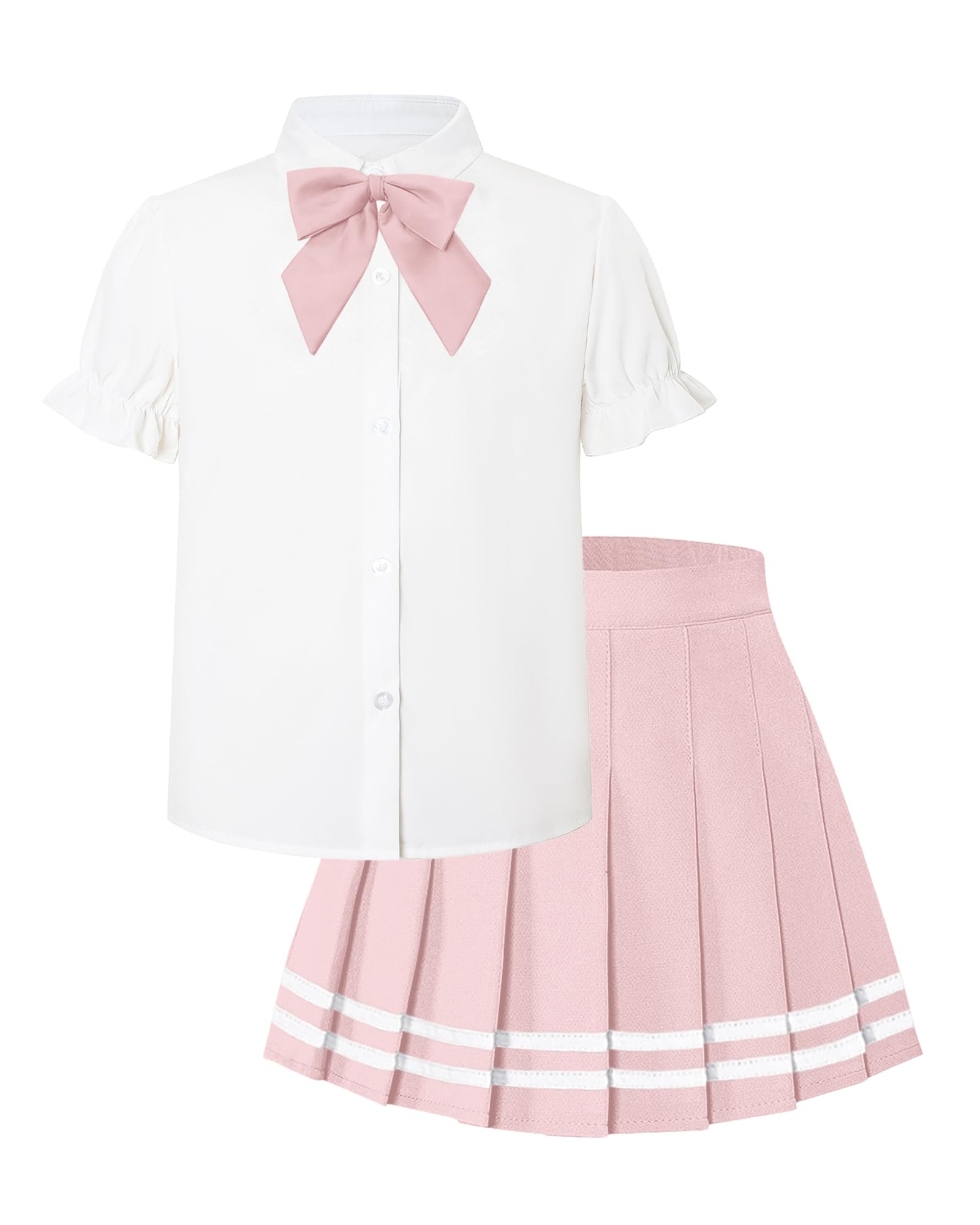 Betusline Girls Skirt Set JK School Uniform 2-Piece Outfit - Short Sleeve Shirt with Bow &amp; Webbing Style Solid Pleated Skirt,Webbing Pink, 4-5 T = Tag 120