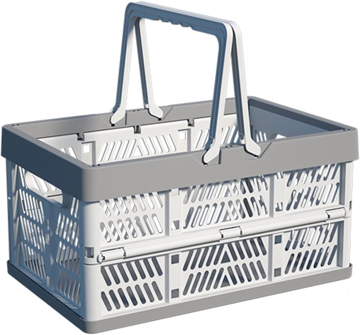 Collapsible Plastic Storage Crate - 20L Folding Organizer Basket Portable Stacking Storage Crate Bin with Handle, for Camping, Picnic, Car Trunk, Home Storage, Gray Grey