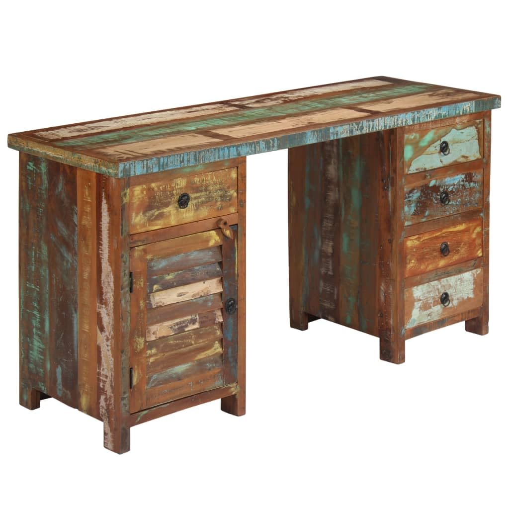 Recycelter Altholz Schreibtisch massiv 140x50x77 cm mit 5 Schubladen und 1 Schrankfach, abnehmbare Schreibtischplatte, Bürotisch für Homeoffice, Ordnung