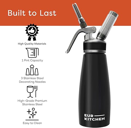 Miniatura 5 de EurKitchen - Dispensador profesional de crema batida de acero inoxidable, recipiente para cremas sin fugas, 3 boquillas de decoración y cepillo de