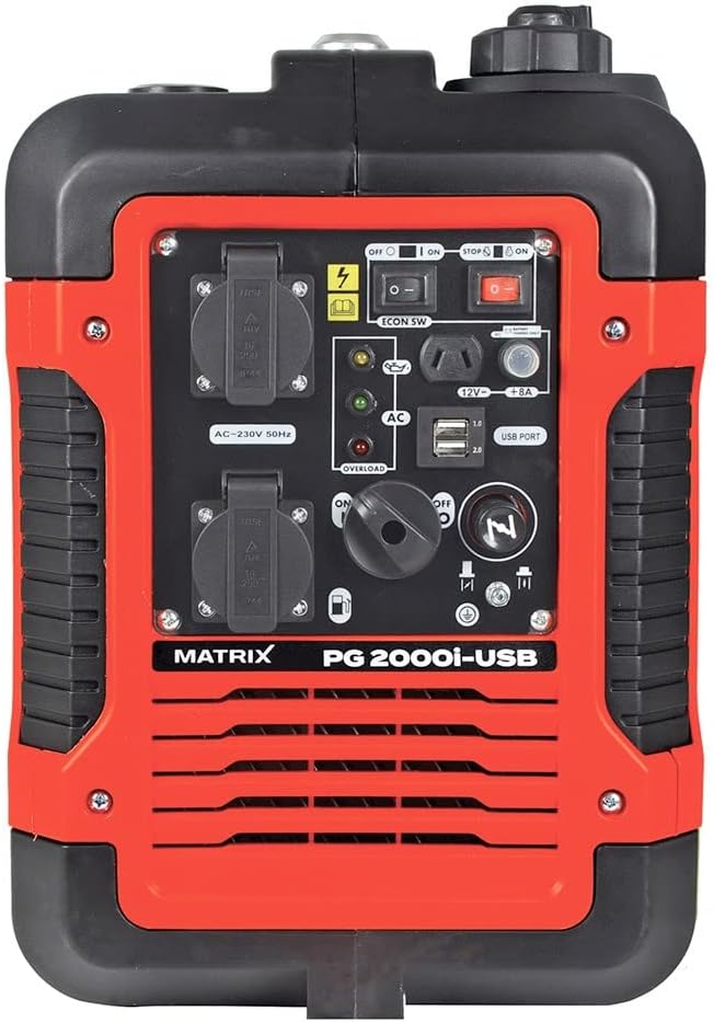 Xehetasuna view of the Matrix PG 2000i-USB generator control panel with outlets, switches, and indicators.