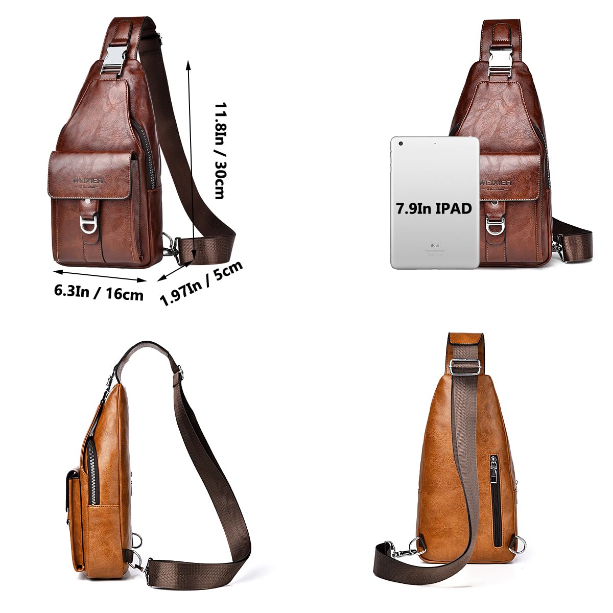 A-QMZL Sacoche Homme Bandouliere Sac de Poitrine Business Sac de Loisir PU Cuir Pochette Epaule da Voyage pour Homme Femme (Brun foncé)