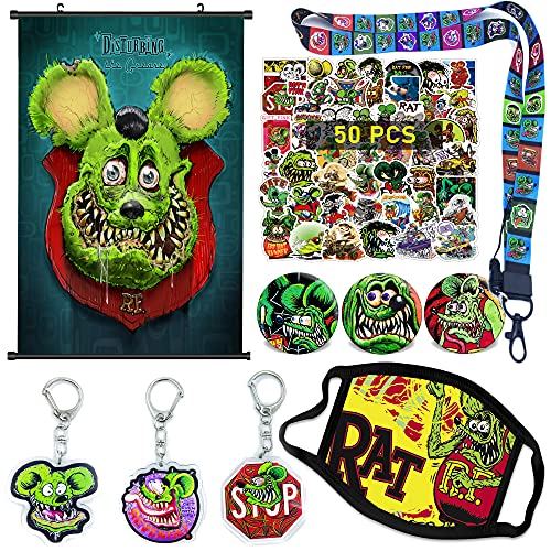 Rat Fink Gift Set,Rat Fink Stickers,Rat Fink Keychain,Rat Fink Poster,Rat Fink Lanyard,Rat Fink Pins, Rat Fink Mask, RF Gift Set for Fans