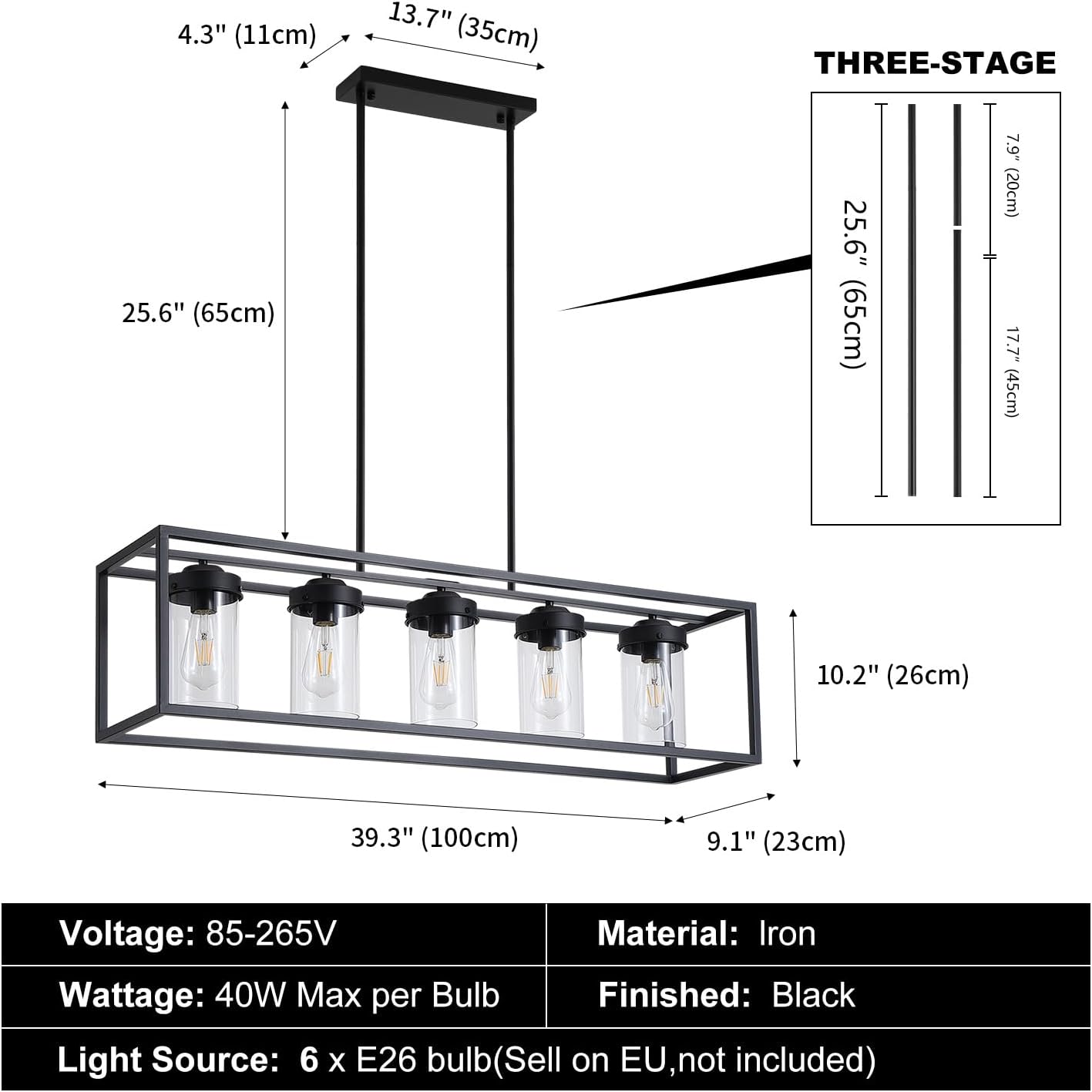 Black Farmhouse Dining Room Chandelier, Rectangular Clear Glass Pendant Light, Modern Industrial Hanging Light Fixture for Kitchen Island