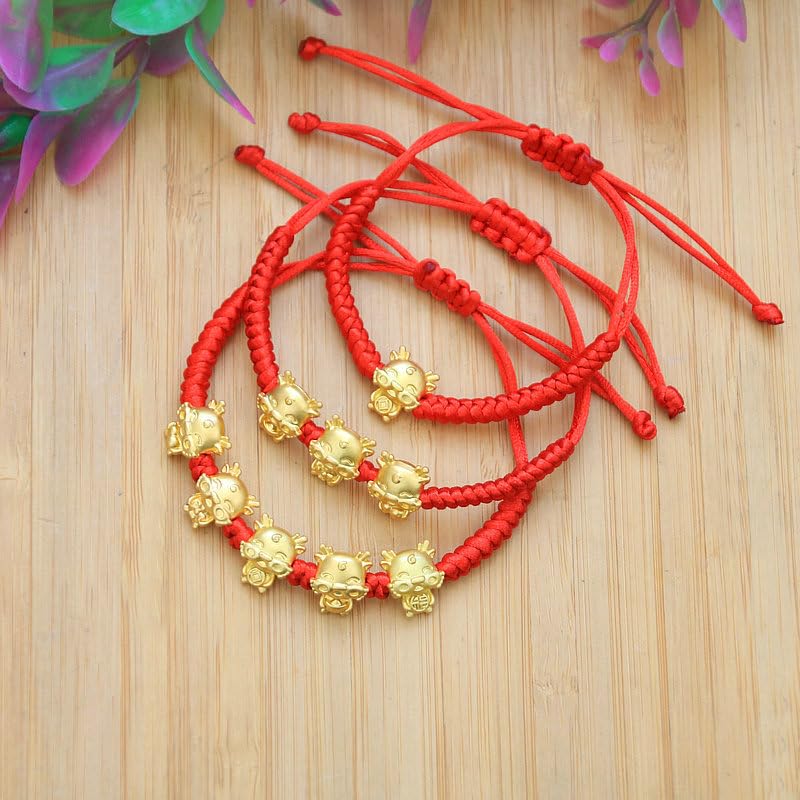 Image of 2 /3 pcs 2024 New Year Zodiac Lucky Dragon Braided Bracelets Set Chinese Zodiac Animal Adjustable Charm Imitation Jade Dragon Prospects Blessing Sign Bracelets