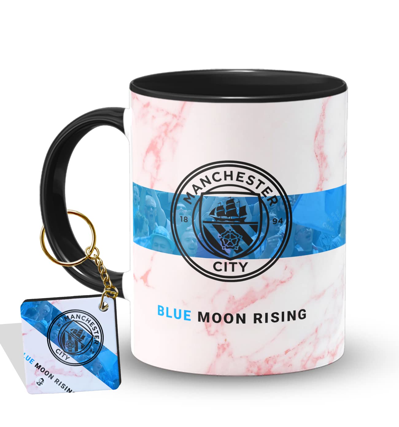 The Desi Monk Blue Moon Rising Printed Inside Black Mug with Keychain | Man City Coffee Mug 11oz | Football Microwave and Dishwasher Safe 330ml | KMUG-488