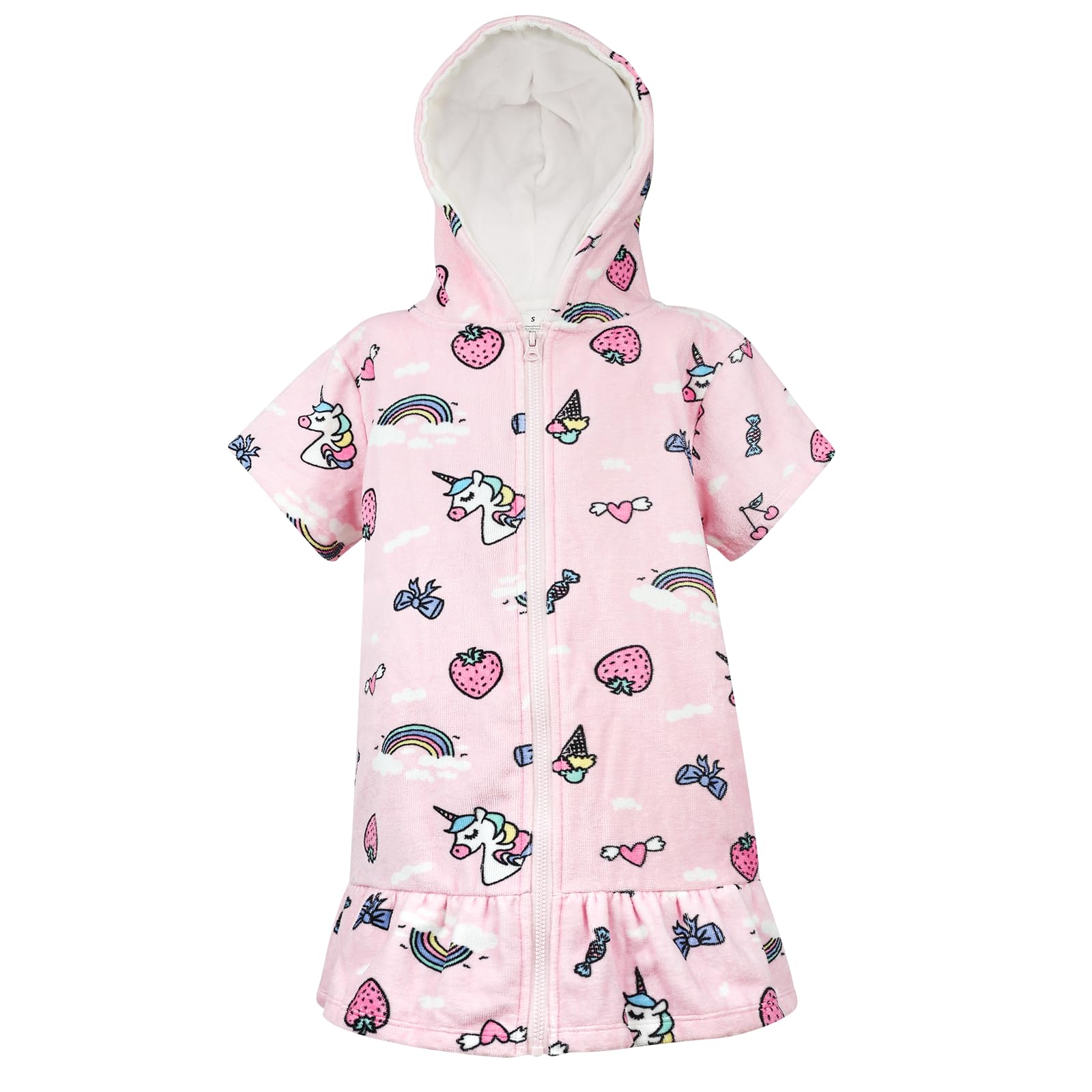FLYISH DIRECT Kids Hooded Towel, 100% Cotton, Zip-Up Thick Beach Poncho with Ruffled Hem, Super Absorbent Unicorn Towel for Girls, M