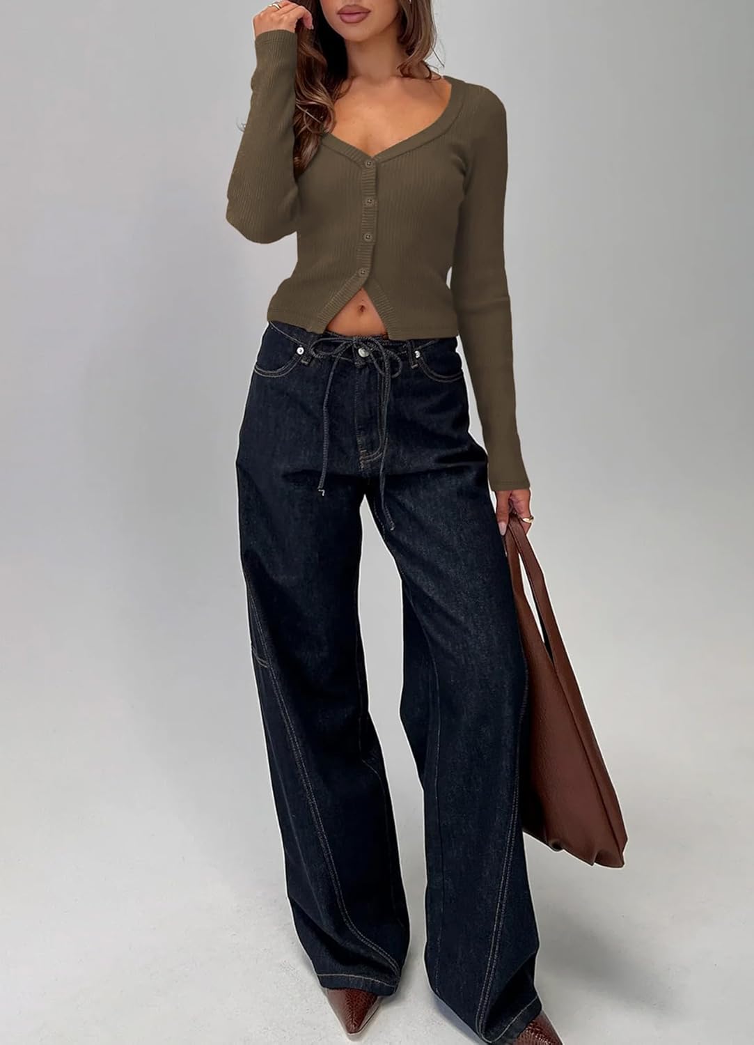 Women Button Up Fitted Cardigan Long Sleeve V Neck Cami Shirt Y2k Ribbed Crop Tops - Image 3