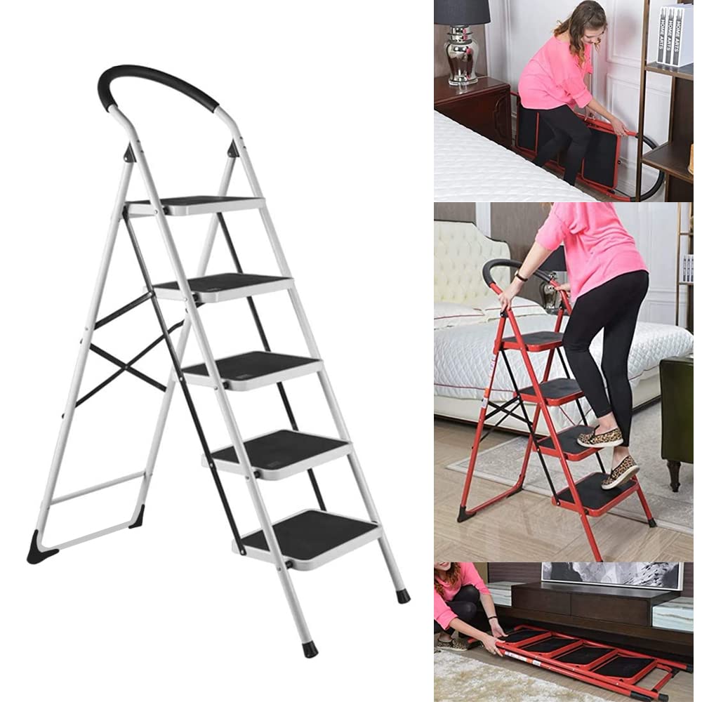 Toshionics Telescopic Portable Household Foldable Multi-Function Step Steel Ladder Stool Chair With Wide Anti Slip Pedal And Comfort Hand Grip For Adults Home Kitchen Garden Office (5-Tier, White)