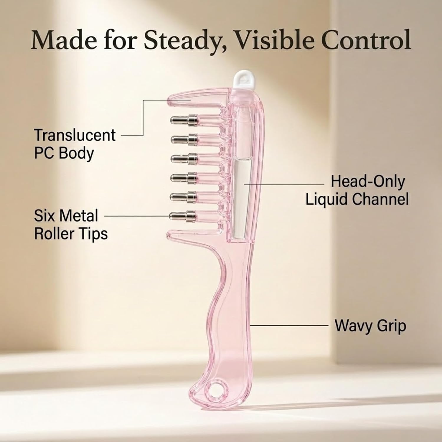 Scalp Oil Applicator Comb, 6 Roller Ball Tips, Refillable, Pink, 6.3 in