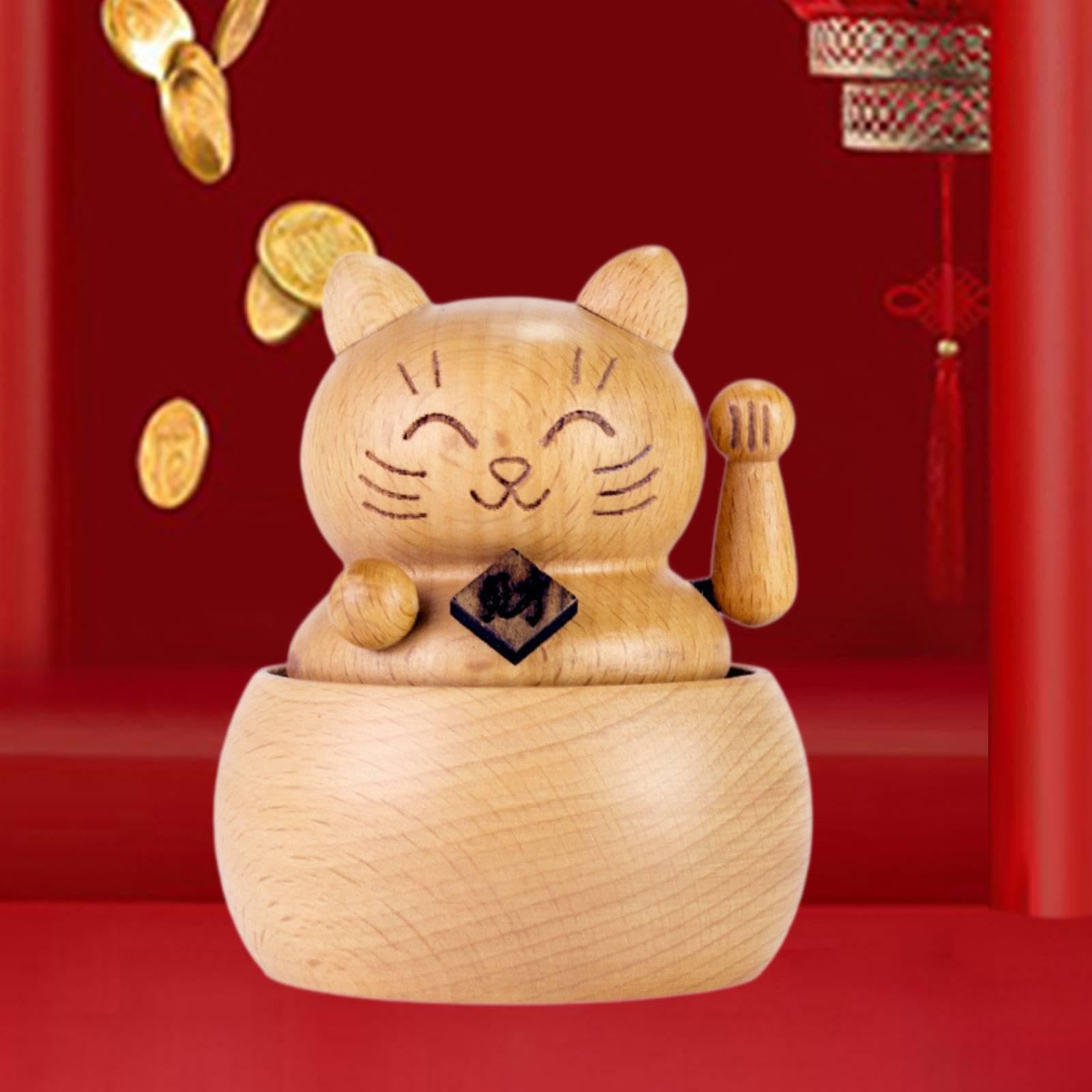 harayaa Carillon multifunzionale con riproduzione musicale, regalo di compleanno, statuetta di gatto decorativa girevole a 360°, ornamento in legno
