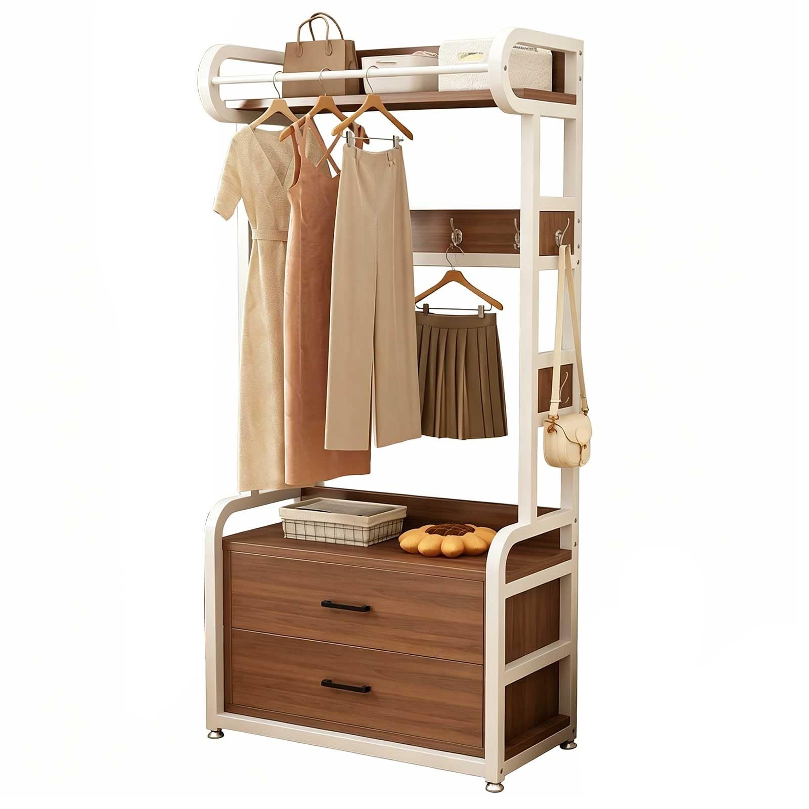KIBONCY Freestanding Clothing Rack with 2 Drawers & Hooks, Wood Top Garment Rack with Storage Shelf for Bedroom, Entryway, Closet(A,80CM)