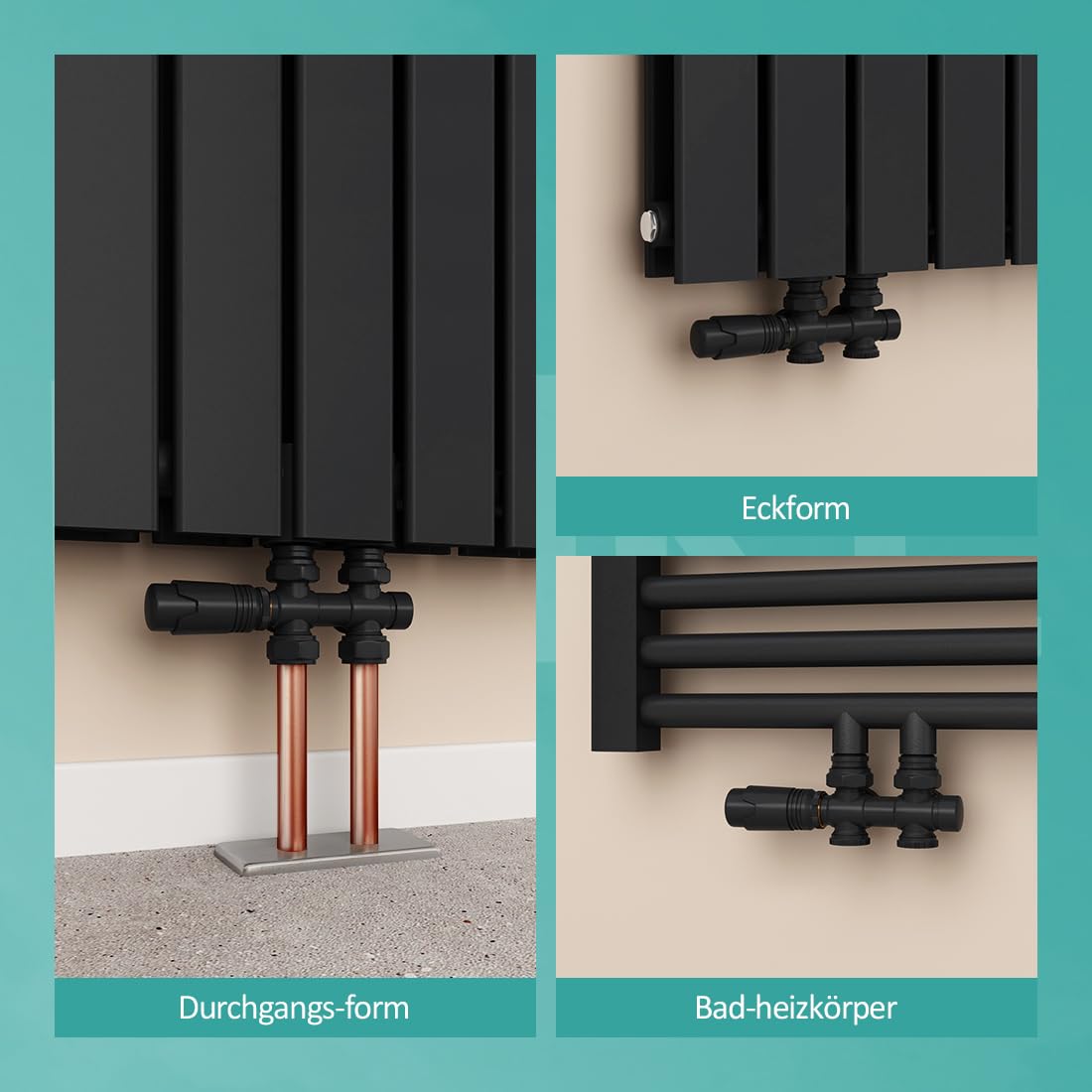 EMKE Multiblock Heizkörper Ventil-Armaturen, Hahnblock Heizungszubehör Eck und Durchgangsform 50mm, Ventilhahnblock Heizkörperventil mit Thermostat (Für 15mm+16mm Rohre * G1/2", 1 Stück, Schwarz)