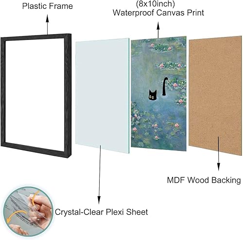 Hamduker Arte de pared con diseño de gato Monet, lienzo vintage, arte de pared divertido de gato en lirios de agua, pósteres para habitación,