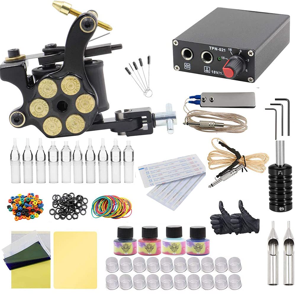 Tattoo Kits, Beoncall Tattoo Complete Starter Tattoo Kit Pro Machine Guns Liner and Shader 4 Inks Power Supply Foot Pedal Needles Grips Tips Tattoo Supplies (1 guns)
