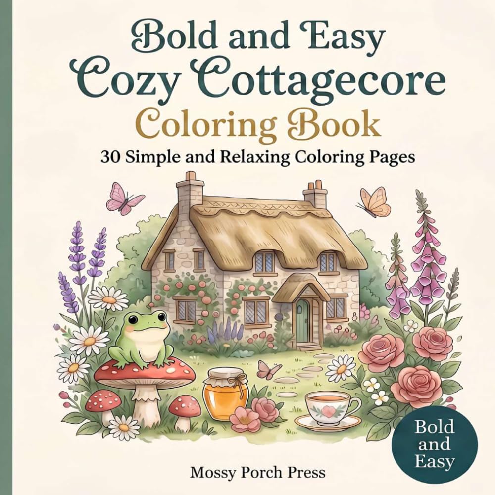 Bold and Easy Cozy Cottagecore Coloring Book: 30 Simple and Relaxing Pages of Mushrooms Wildflowers Cute Frogs and Charming Cottage Scenes for Teens and Adults