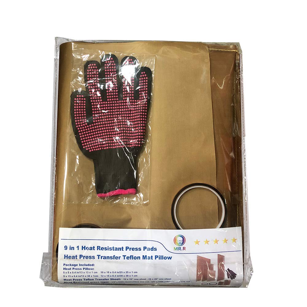 MR.R El juego de 9 prensas de transferencia de calor incluye 4 almohadas de teflón, 2 rollos de cinta, 1 guante, 2 alfombrillas de prensa de calor para transferencia digital de prensa de calor