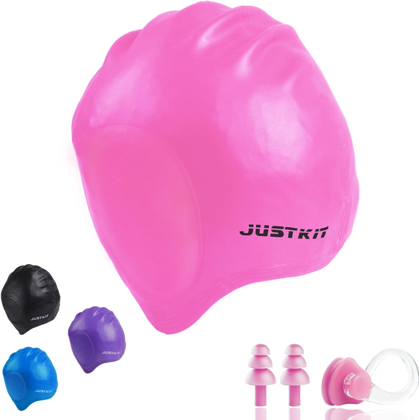 JUSTKIT Ears Covered Swim Cap for Long Hair-Best Waterproof Silicone No Slip Swimming Hat for Adults Woman and Men-Perfect Bathing Cap for Casual Use, Competition & Training