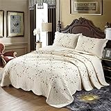 Quilt Set Classical 3D Floral Embroidery Pattern 3-Piece Cotton Reversible Quilted Embroidered Decorative Bedspreads Coverlet Bedding Set, Lightweight &Soft,Beige,King Size