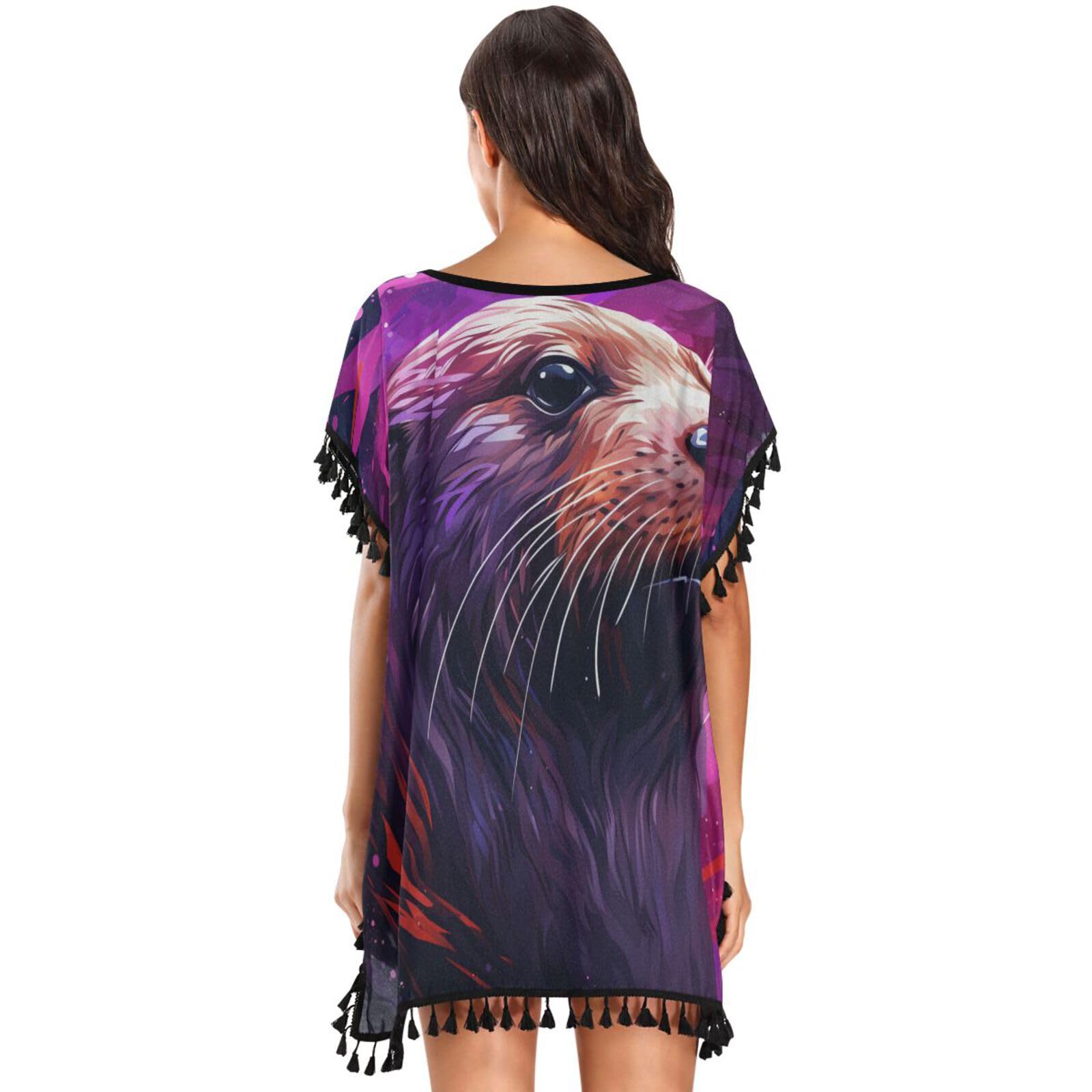 Purple Abstract Art Seal Women's Beach Cover Up Chiffon Tassel Swimwear Swimsuit Coverups for Girl