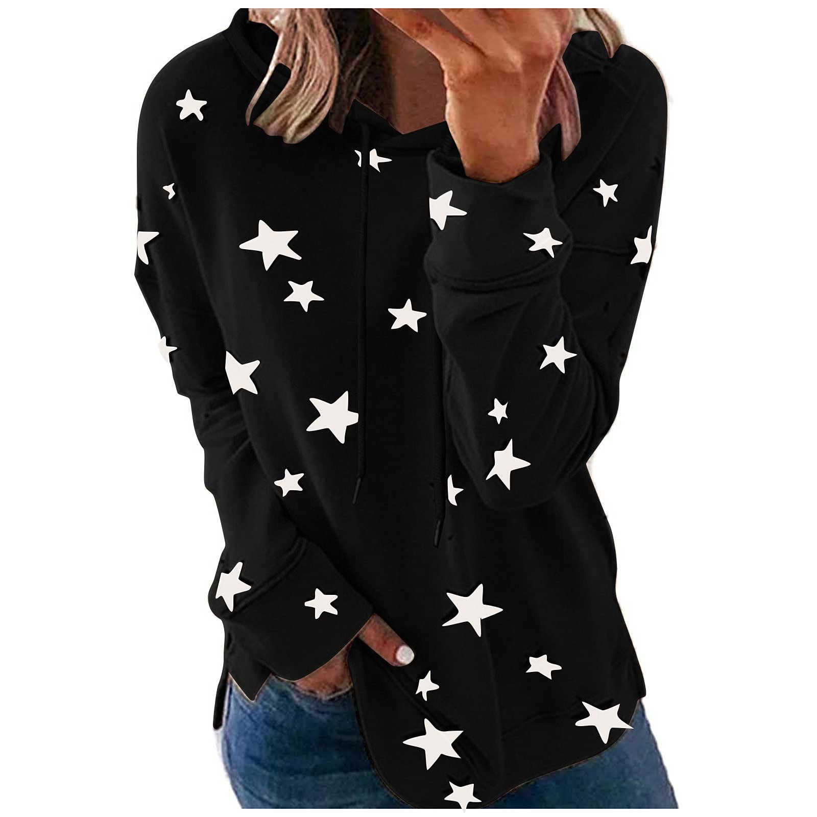 Women's Fashion Solid Star Print Casual Patchwork Drawstring Hooded Long Sleeve Tops Shirt Sweatshirt Pullover Sweater