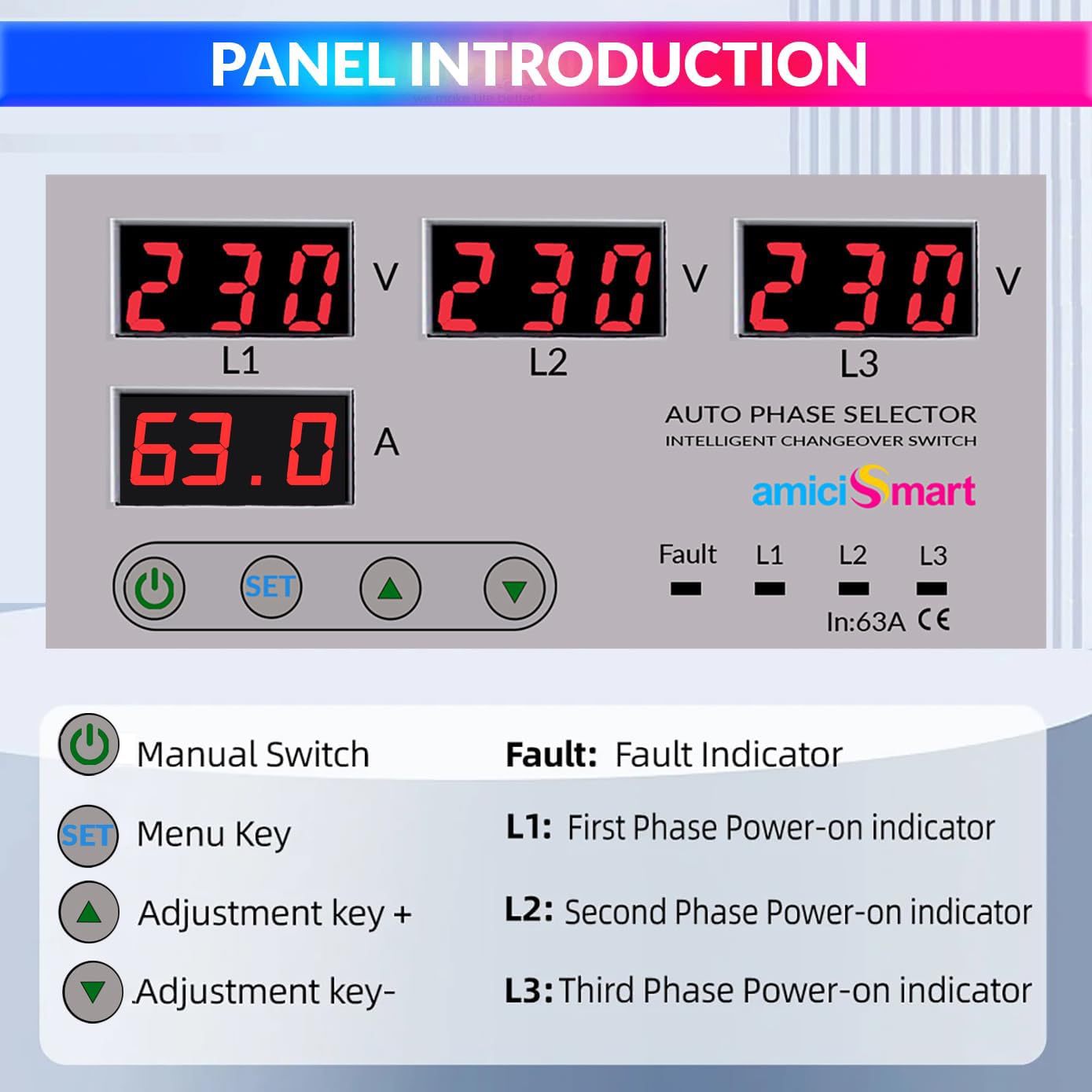 amiciSmart Intelligent 3 Phase to 1 Phase Selector/Changeover Switch, 230VAC Control Transfer Switch, Multicolor - Image 4 thumbnail