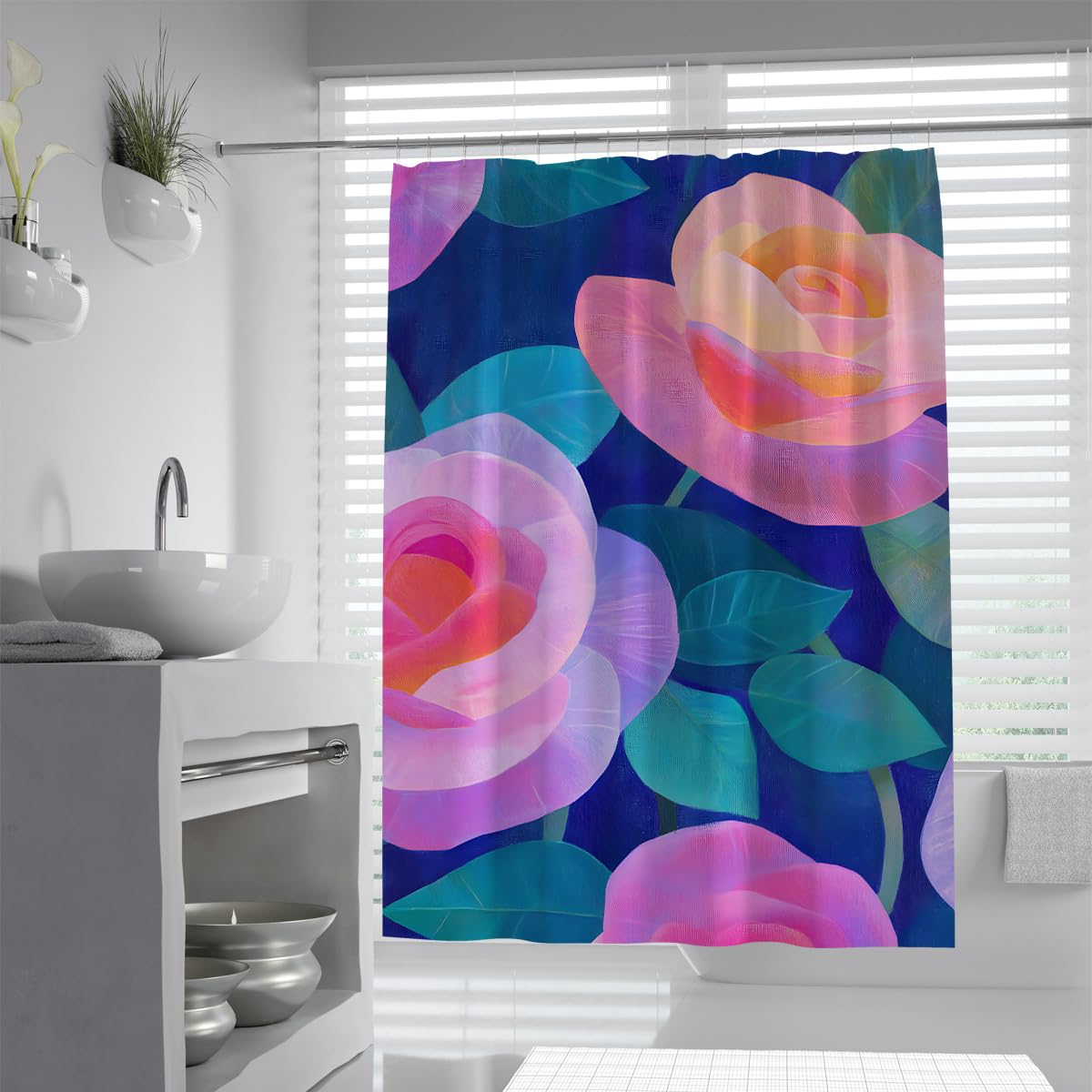 UIRINGART Luxury Big Rose Shower Curtain W150xL200cm Pink Floral Art Blue Background Washable Quick Dry Bath Curtains Rustproof Grommets With Hooks