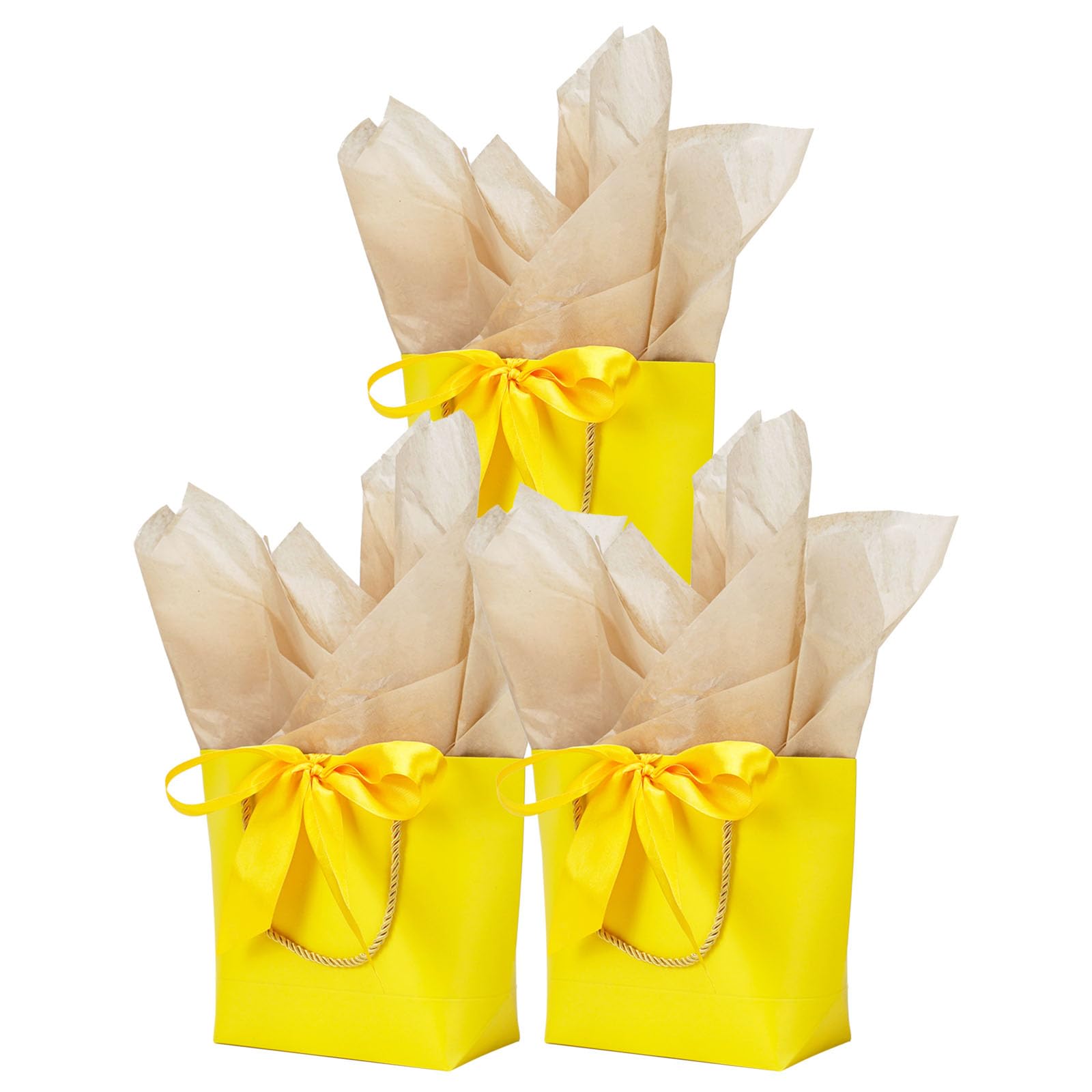 Aosric 12 Pack Small Yellow Gift Bags with Ribbon & Tissue Paper, 19x9x20 cm Treat, Candy, Favor, and Goodie Bags with Bottom Board, Perfect for Parties, Birthday, Wedding, Christmas, Baby Shower. — image 1