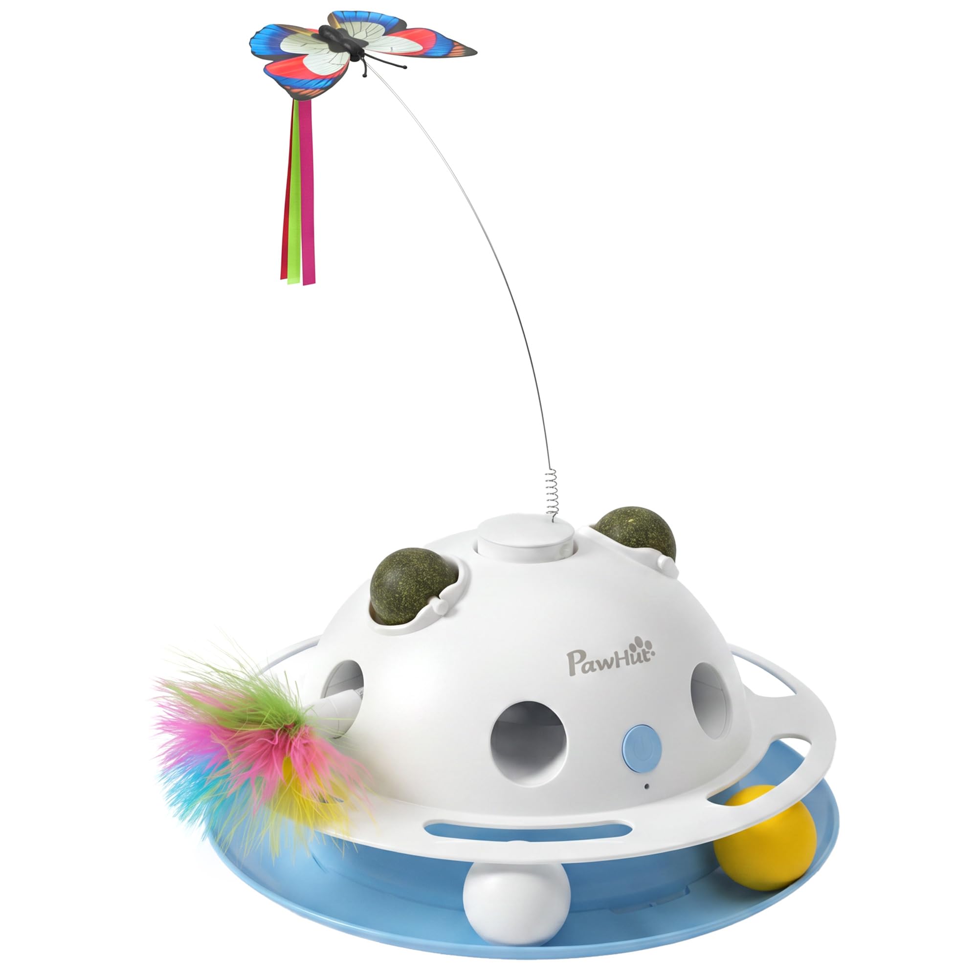 PawHut 4-in-1 Interactive Cat Toys for Indoor Cats Adult, Automatic Smart Sensing Kitten Toy with Spinning Butterfly, Shooting Feathers & Catnip Balls, Dual Power Mode for Boredom Relief