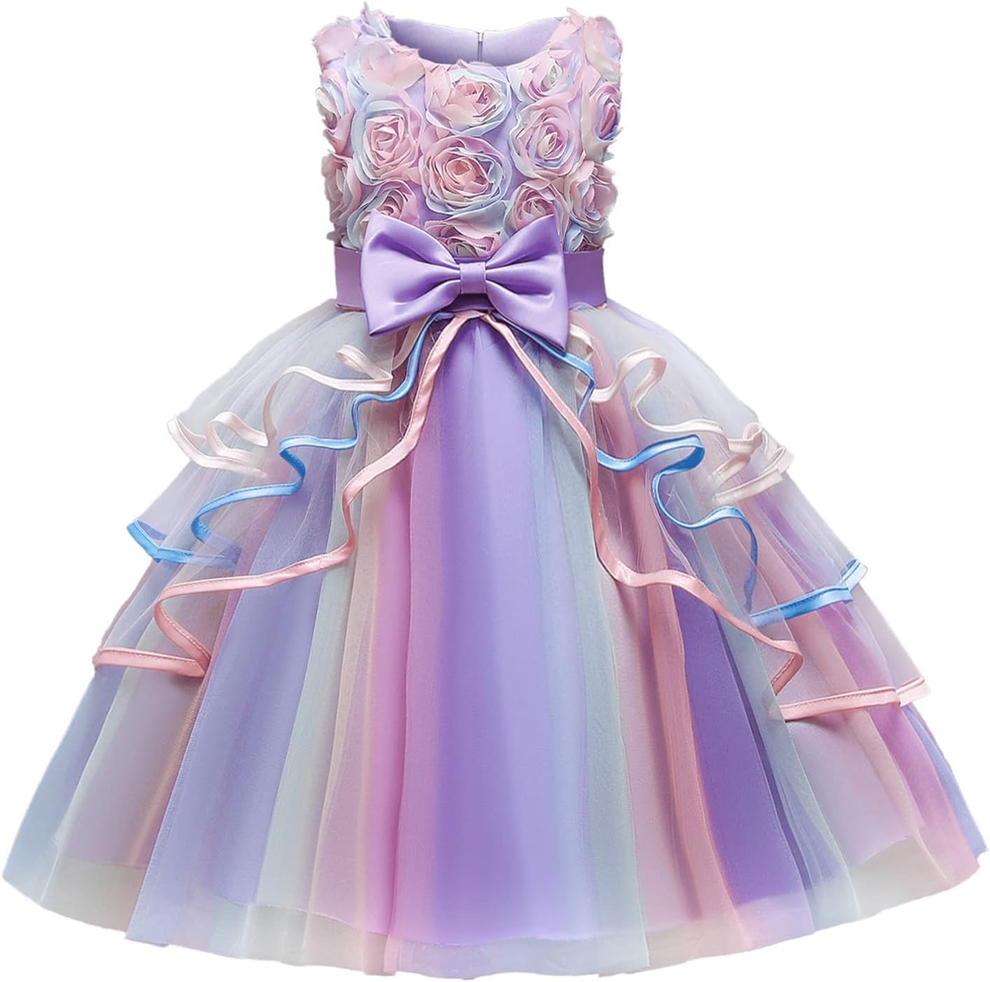 Azonee Flower Girl Dress Kids Ruffles Lace Party Wedding Dresses 3D Flower Birthday Girl Dress Wedding Party Dresses Kids Wedding Ball Gown for Baby Girl Embroidered Tutu Ball Gown (Purple-130cm)