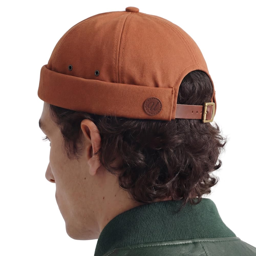 Vintage Brimless Sailor Fisherman Leon Hat Miki Skull Docker Leather Strap Beanie Cap for Men & Women Korea