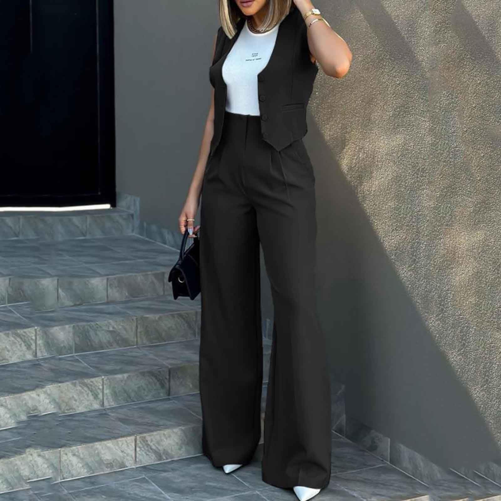 Tailleur Donna Eleganti Pantaloni e Gilet Curvy Completo Blazer a Senza Maniche 2 Pezzi Tuta in Vita Alta Set di Abiti in Tinta Unita Pantalone Due Pezzi Suit