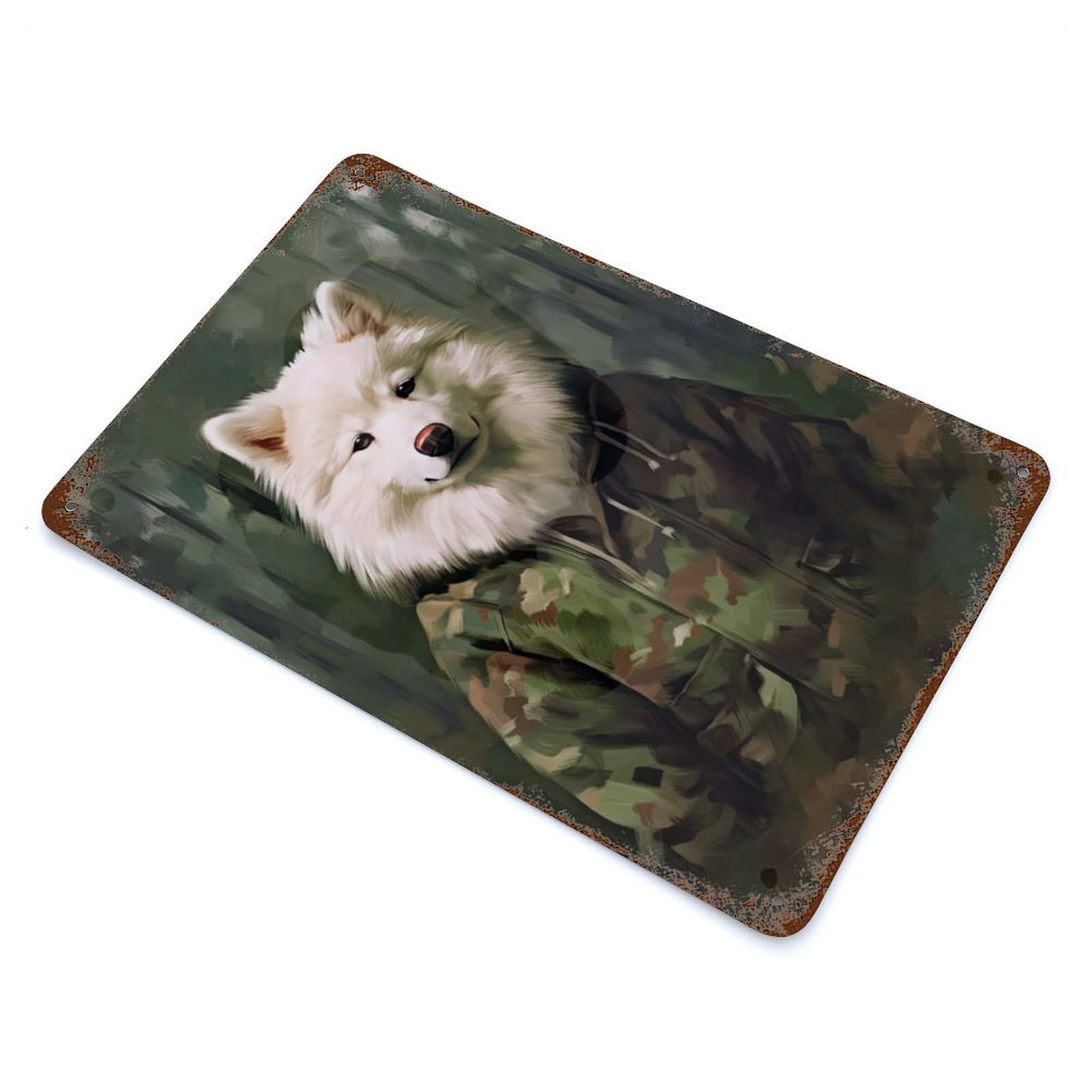 Weathered Tin Sign with Samoyed Camo Jacket Design 11.8"x7.9", for Garage, Bar And Workshop Decor, Decorative Metal Wall Art