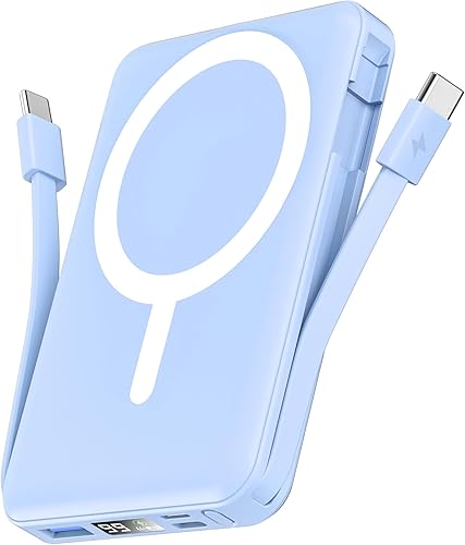 Miniatura 10 de podoru para Magsafe Paquete de baterías, banco de energía magnético de 10000 mAh, cables USB C dobles incorporados, 22.5 W, PD de carga rápida,