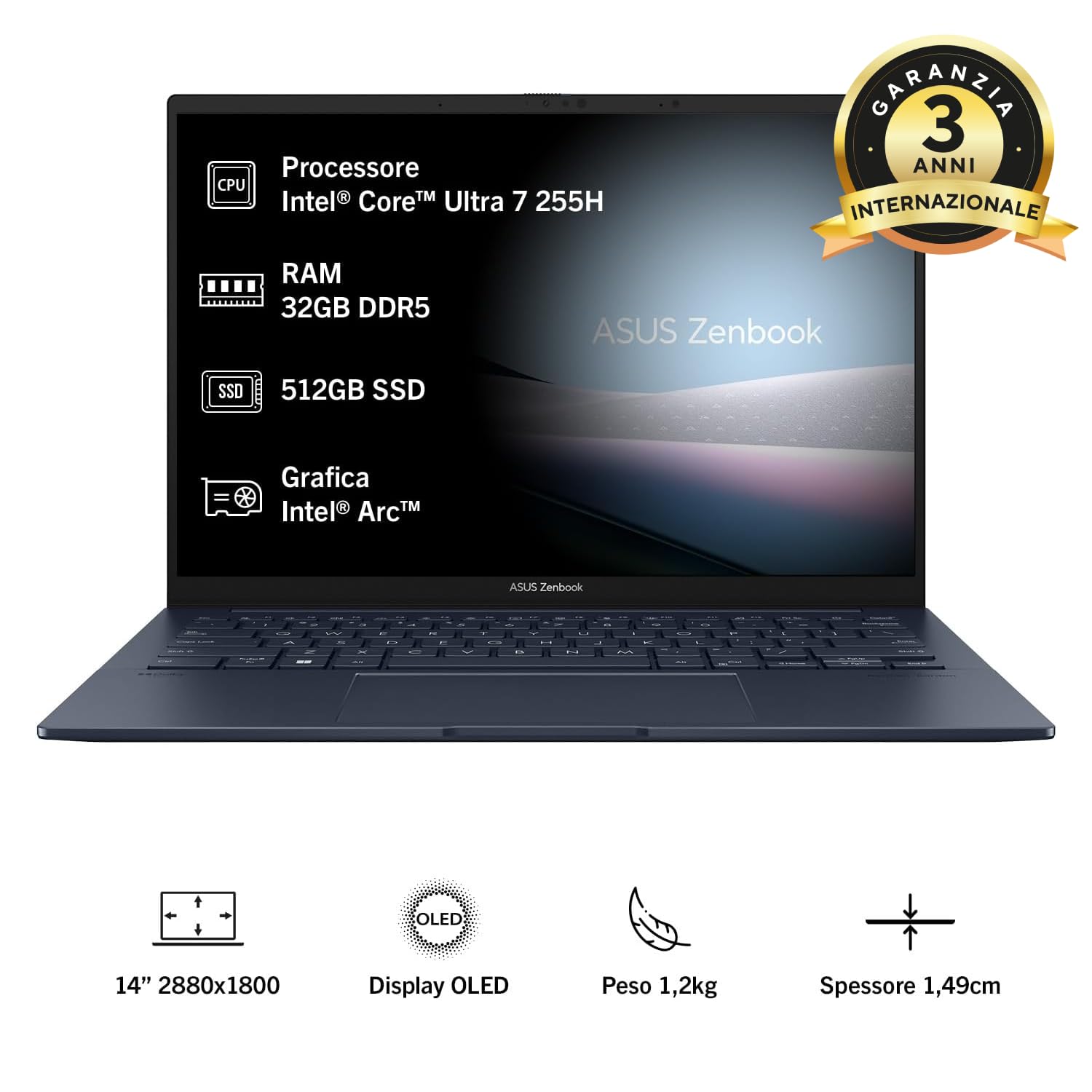 ASUS Zenbook 14 UX3405CA#B0DPG1S6L7, Notebook in metallo, Monitor 14" 3K OLED Glossy touchscreen, Intel Core Ultra 7 255H, RAM 32GB, 512GB SSD, Win 11 Home, Blu
