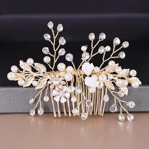 Haarschmuck Hochzeit, Braut Haarschmuck Blumen mit Perlen Kristall, Handgefertigt Eleganter Braut Haarkamm/Kopfschmuck/Haarclip für Damen und Frauen,Gold