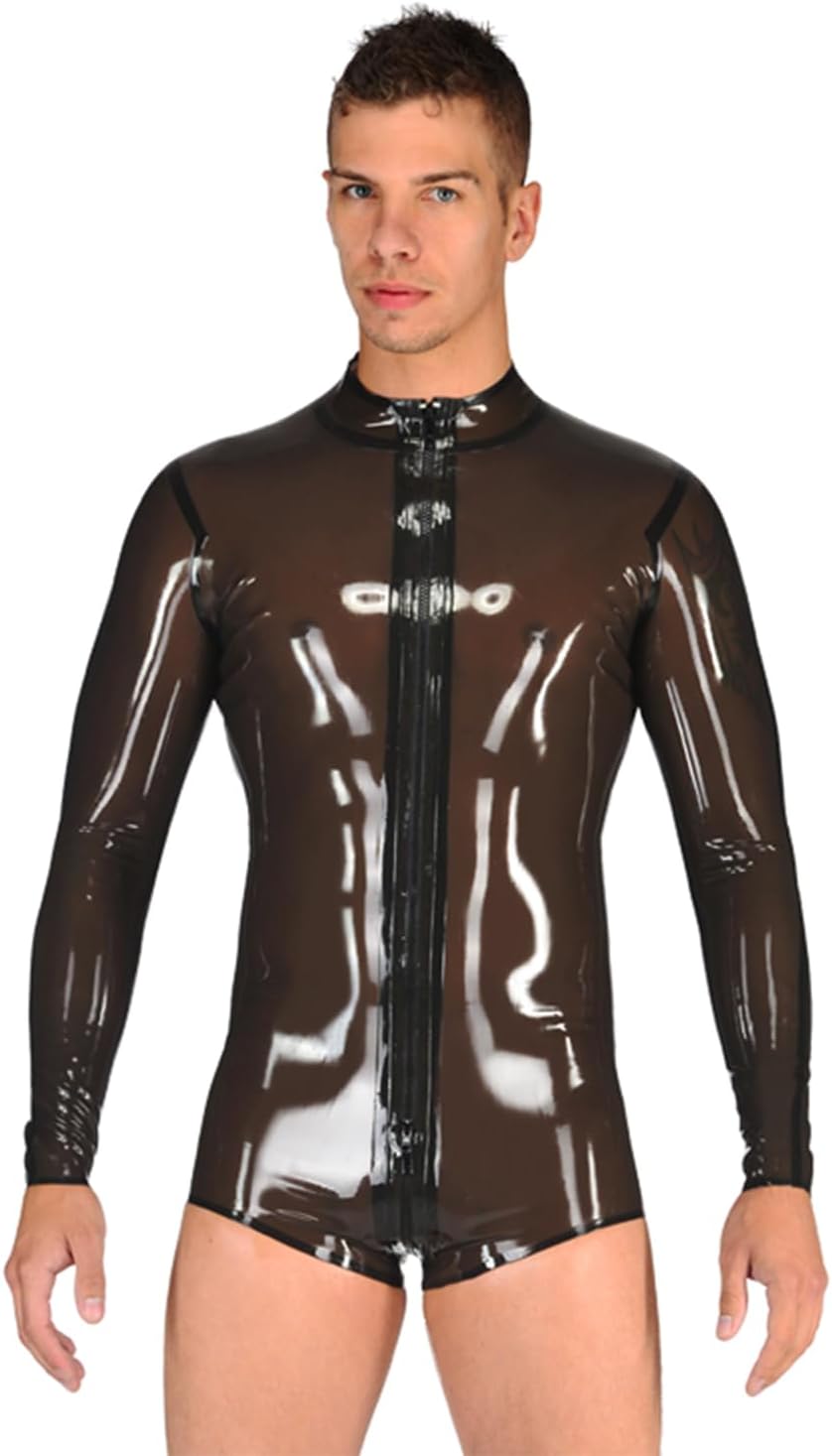 Transparent Black Men Latex Catsuit Front Zipper Long Sleeve Short Leg Tight One Piece Bodysuit Jumpsuit
