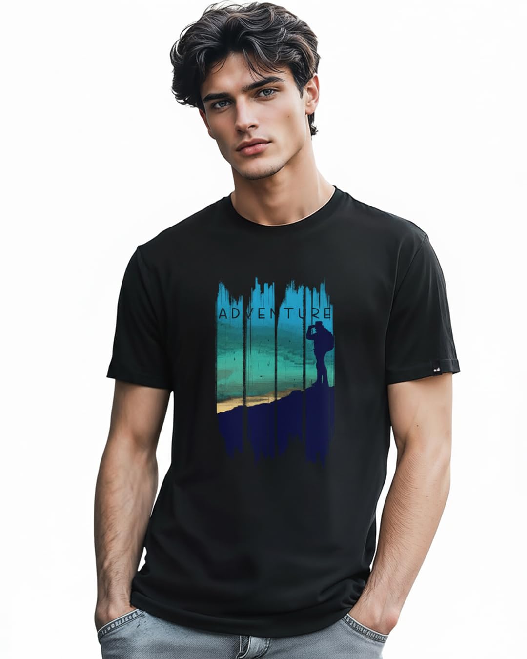 Bewakoof Camiseta estampada 100% algodón para hombre, ajuste regular, cuello redondo, media manga, negro, 48
