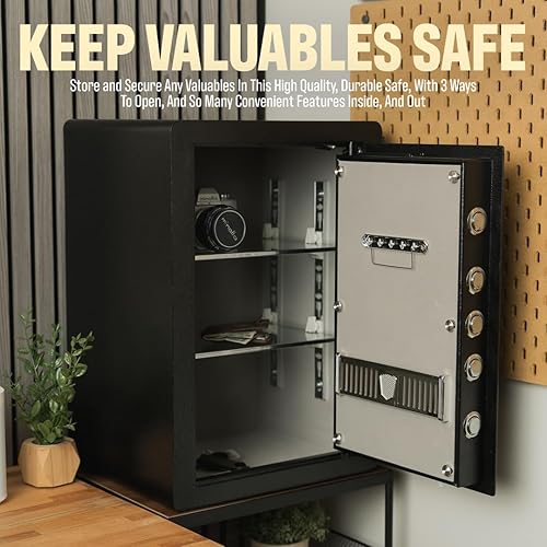 Miniatura 2 de Brelle - Caja de seguridad electrónica, se abre con código, huella digital y llave, para el hogar, joyas y dinero, color negro, caja fuerte