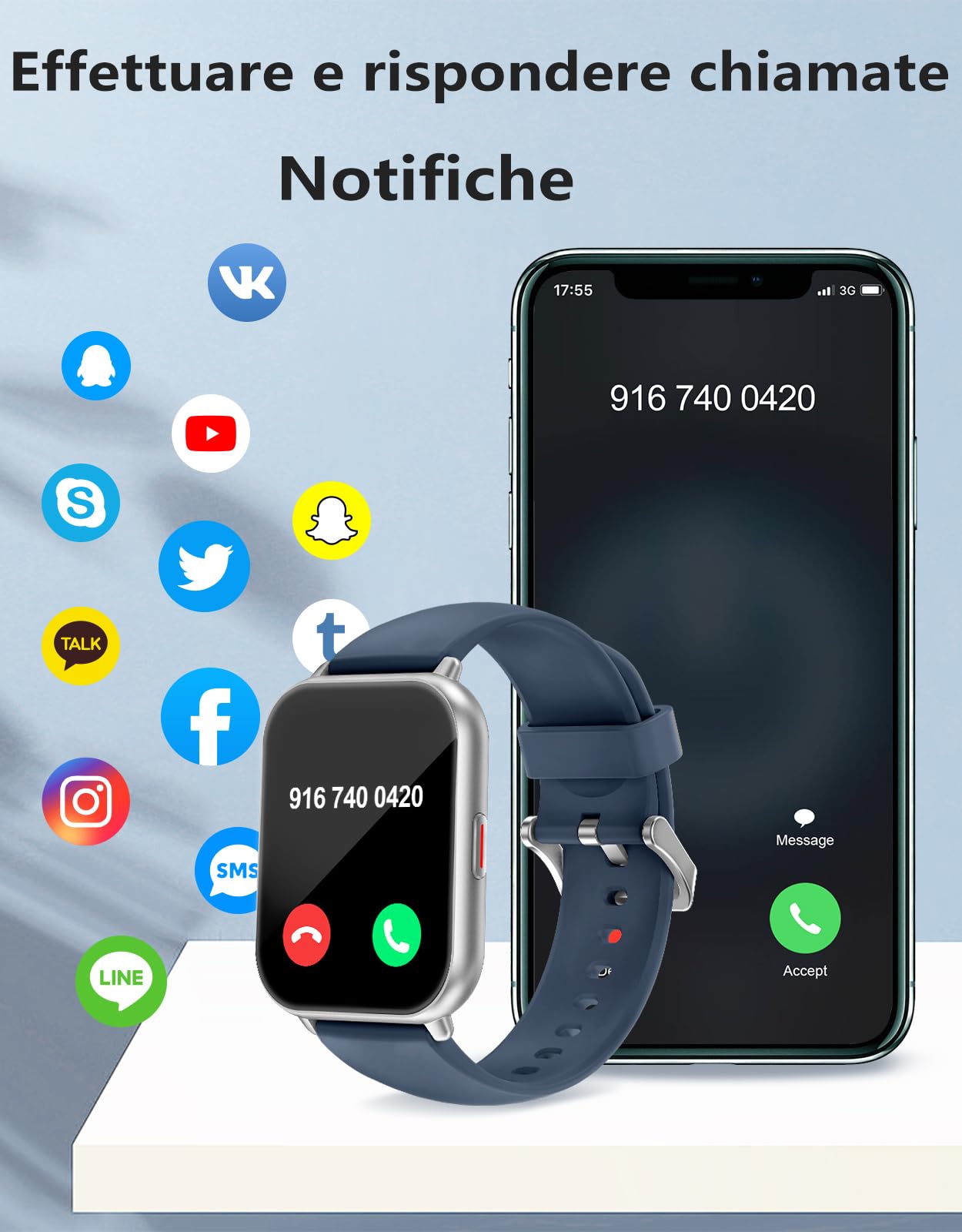 RUIMEN Smartwatch Uomo Chiamate Bluetooth Orologio Sportive Contapassi Android iOS Compatibile Fitness Tracker Cardiofrequenzimetro da polso Saturimetro Impermeabile IP68 Notifiche Whatsapp Blu