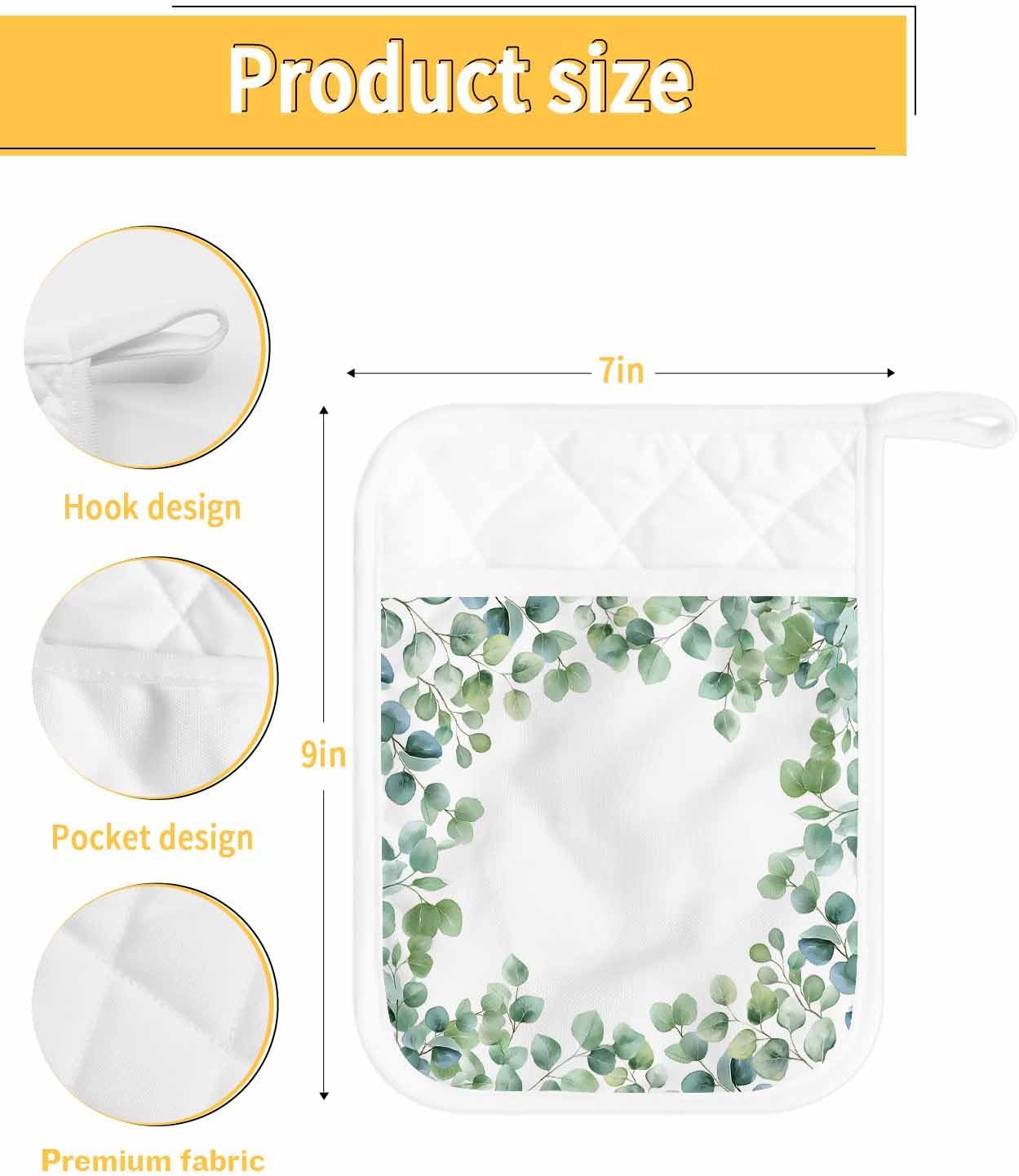 Pot Holders with Pockets, Heat-Resistant Hot Pads for Kitchen, Green Leaf Watercolor Style Tropical Eucalyptus Leaves Oven Mitts Pot Holders Sets Potholders for Baking Cooking Pack of 5