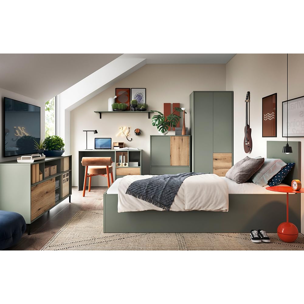 Lomadox Kinderzimmer komplett Set mit 120x200 cm Bettgestell in grau-grün mit Eiche, 6-teilig, Kleiderschrank, Kommode, Schreibtisch, Wandboard, TV-Lowboard