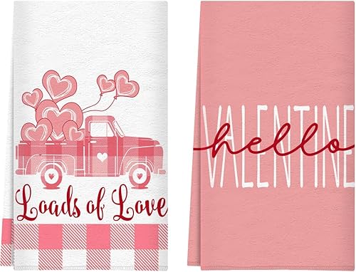 APKPK Juego de 2 toallas de cocina para el Día de San Valentín, 18 x 28 pulgadas, diseño de camión con estampado de corazón, secado a mano, para