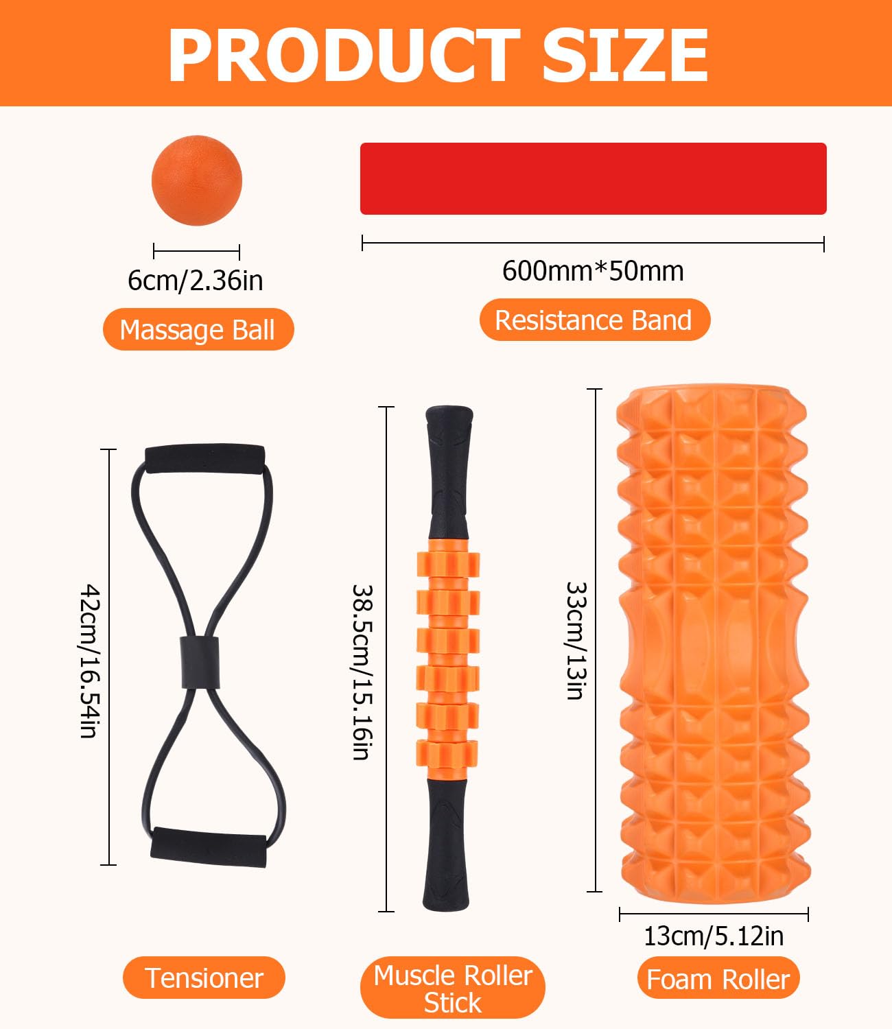Naranja Set di Foam Roller 5 in 1, Roller Pilates ad alta Densità, Rullo per Massaggio,Pallina Massaggio Muscolare, Tenditore, Fascia di Resistenza per Massaggio, Esercizi di Fitness Attrezzi Pilates