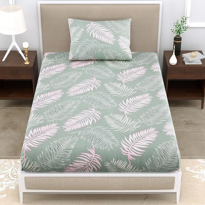 Image of Glace Cotton Single Bedsheet with 1 Pillow Cover | Soft, Durable, Lightweight & Skin-Friendly Fabric| Suitable for Single /Diwan Bed Size 4x6 feet (48x72 Inch) (Green pankh)
