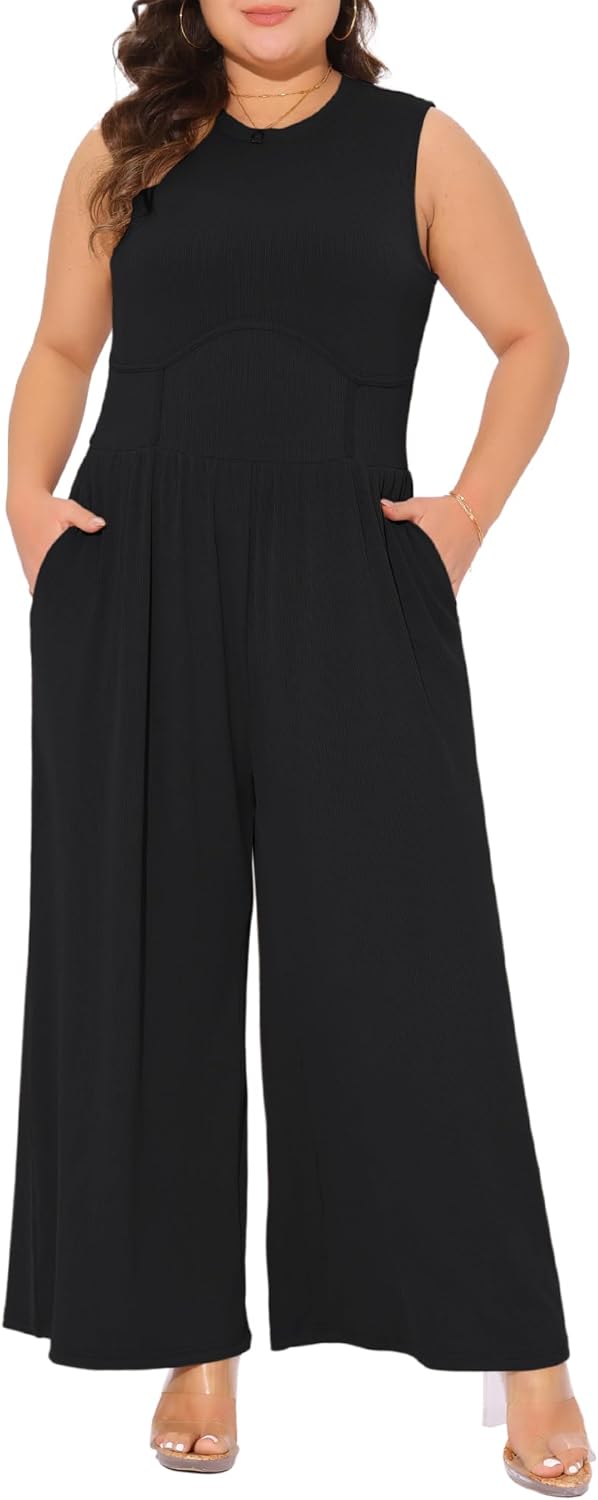 Agnes Orinda Plus Size Jumpsuit for Women Sleeveless Crew Neck Overalls Dressy Wide Leg with Pocket Rompers Summer