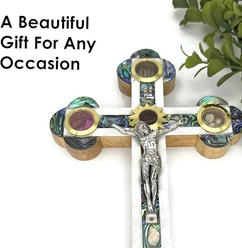Miniatura 3 de Olive Wood Catholic Wall Hanging Crucifix Covered with Mother of Pearl, Decorative Wooden Wall Cross with Relics from the Holy Land, Cross Gift for