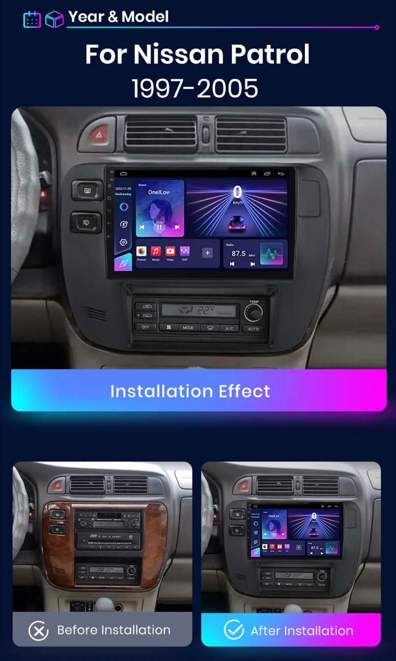 Android 15 Radio Coche Pantalla Táctil 9 Pulgadas para Nissan Patrol Y61 1997-2005 Conectar y Usar Navegación GPS Control del Volante 4G WiFi FM Am RDS Enlace Espejo con Bluetooth