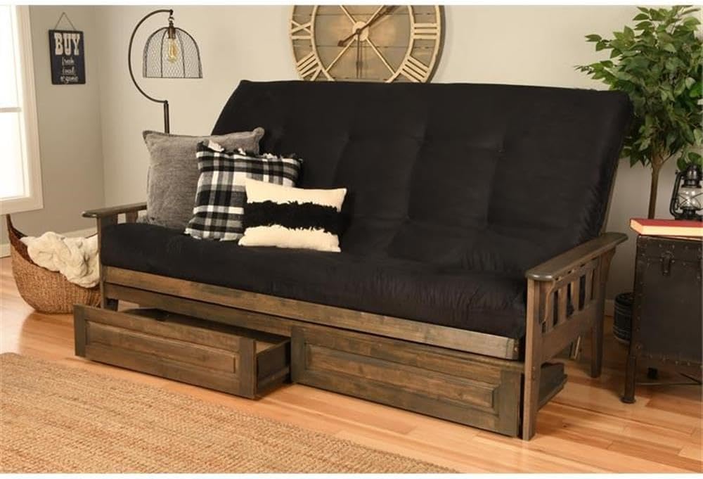 Kodiak Tucson Queen Futon Frame with Storage Drawers - Wood Futon Set with Mattress Included in Suede Fabric Mattress (Black/Walnut)